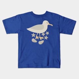 SEAGULL AND SEASHELLS Coastal Seashore Ocean Bird Starfish Shells - UnBlink Studio by Jackie Tahara Kids T-Shirt